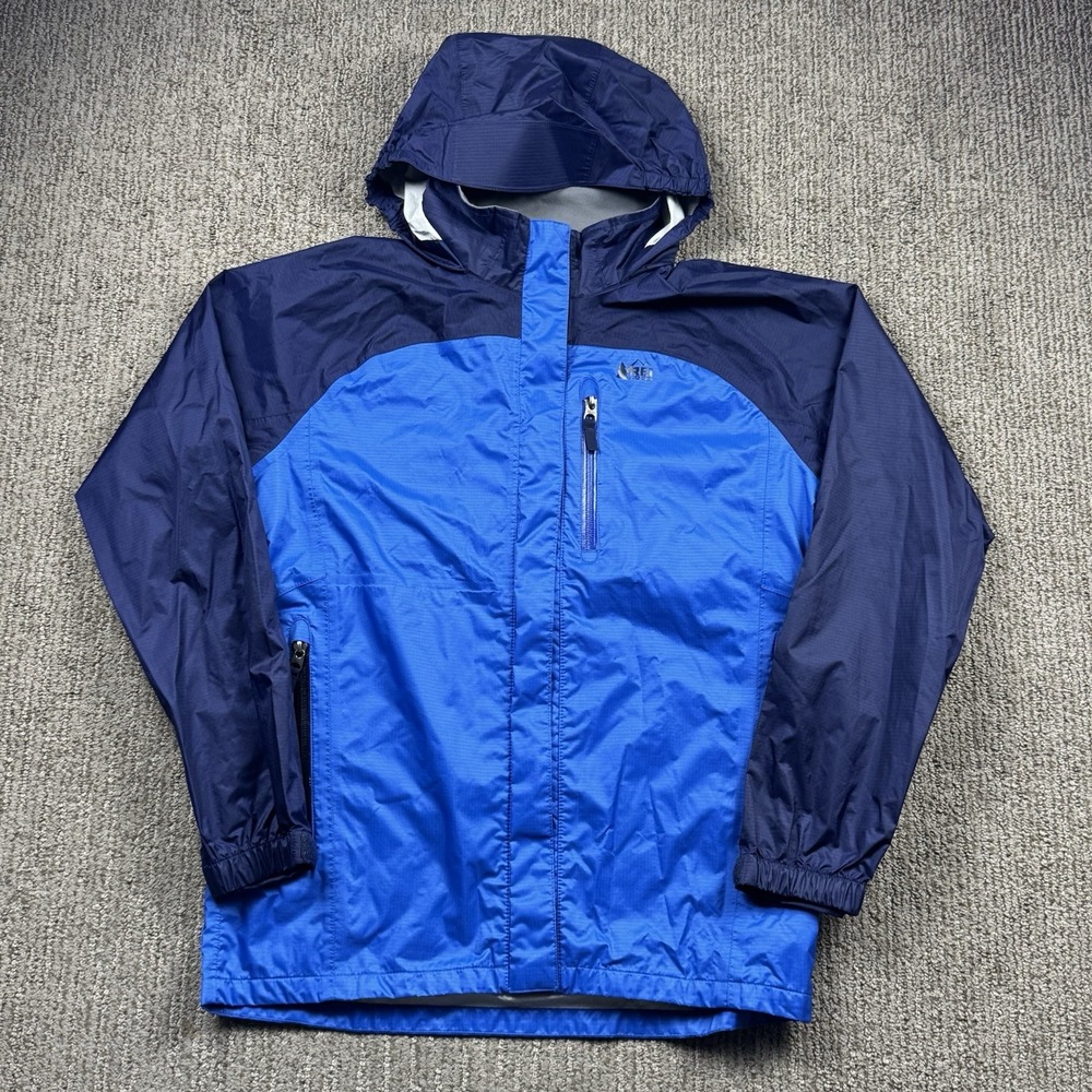 REI Co-Op Youth Boys L 14-16 Rain Jacket Full Zip Hood Nylon Waterproof Blue